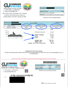 An example average water bill in Cumming, GA